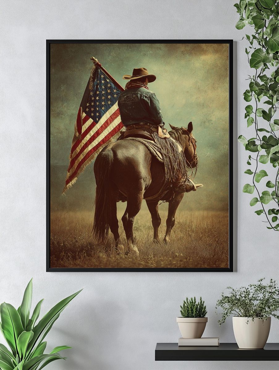 Cowboy on Horse with American Flag Poster. — room view 4