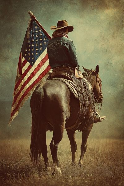 Cowboy on Horse with American Flag Poster.
