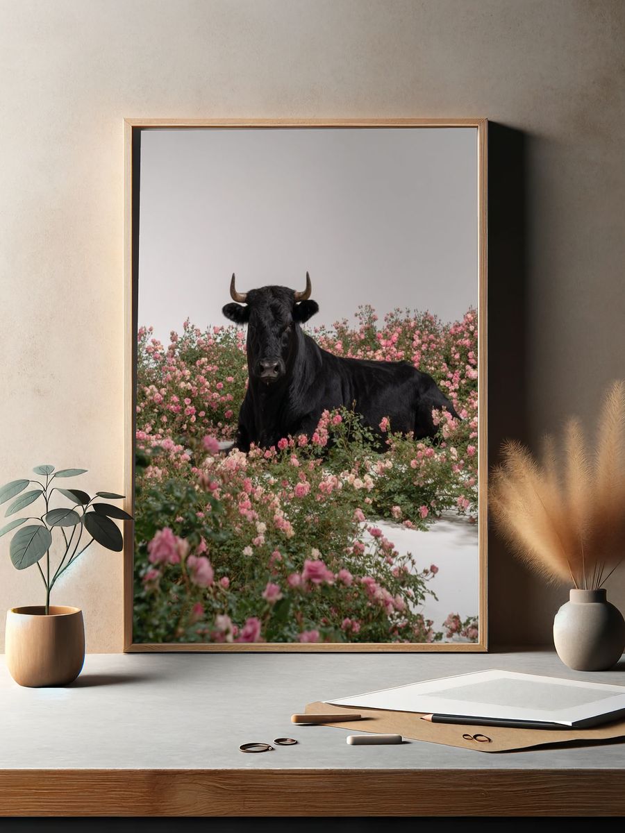 Black Cow in Pink Roses Poster. — room view 2