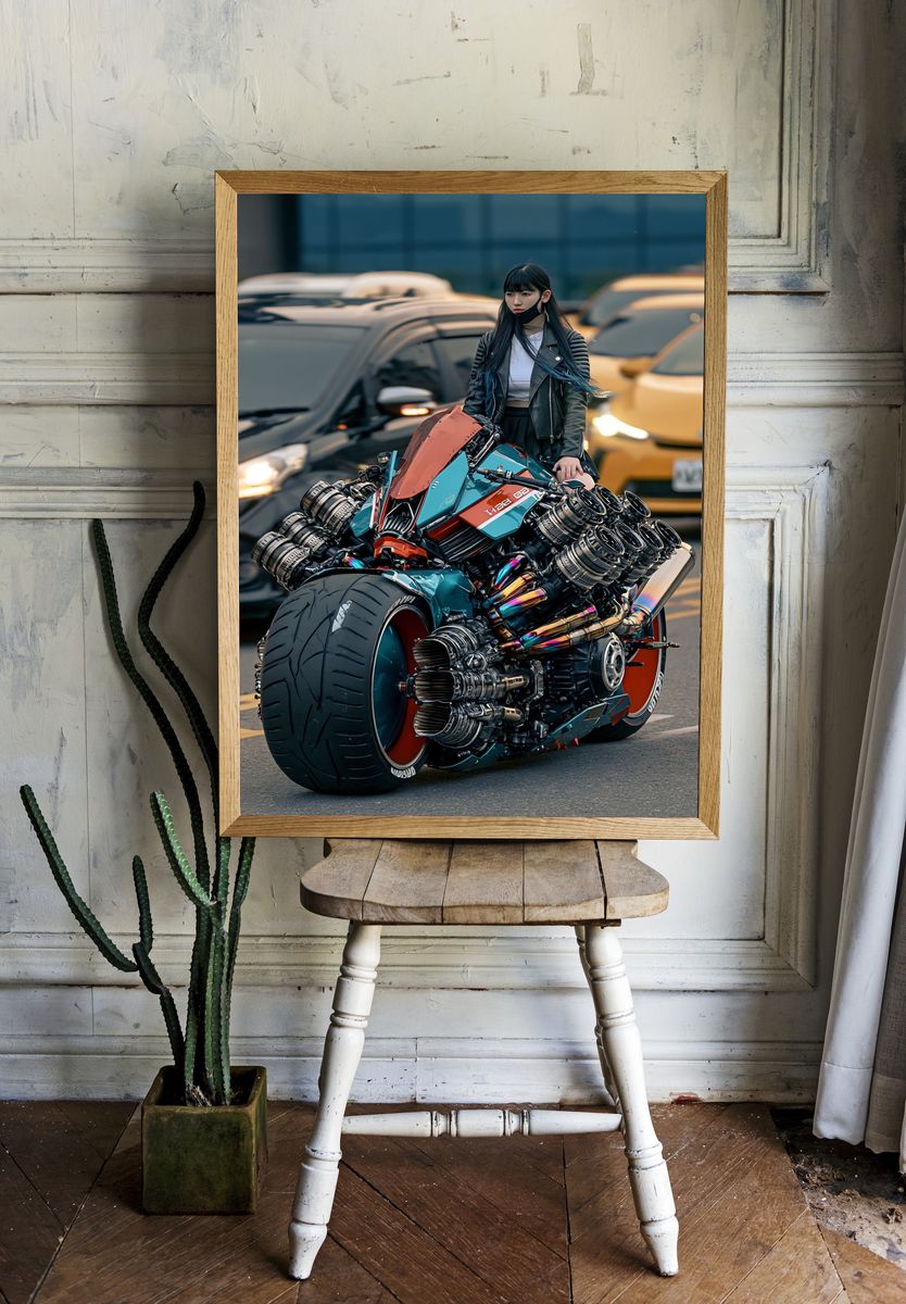 Cyberpunk Motorcycle Rider Poster. room preview