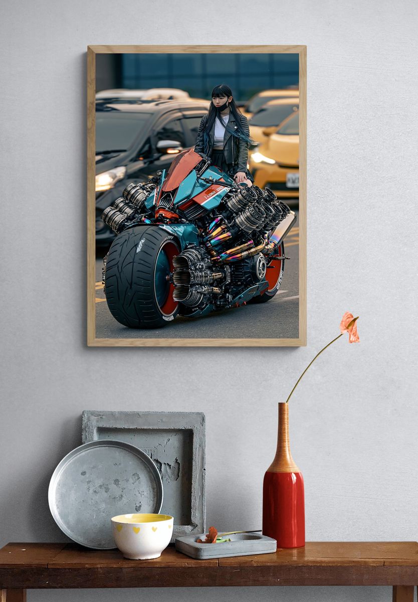 Cyberpunk Motorcycle Rider Poster. — room view 3