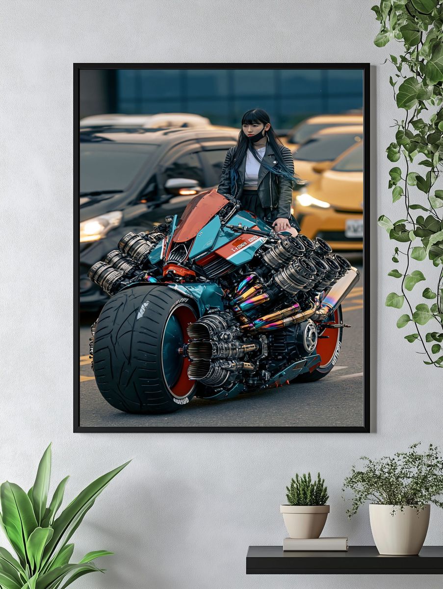 Cyberpunk Motorcycle Rider Poster. — room view 4