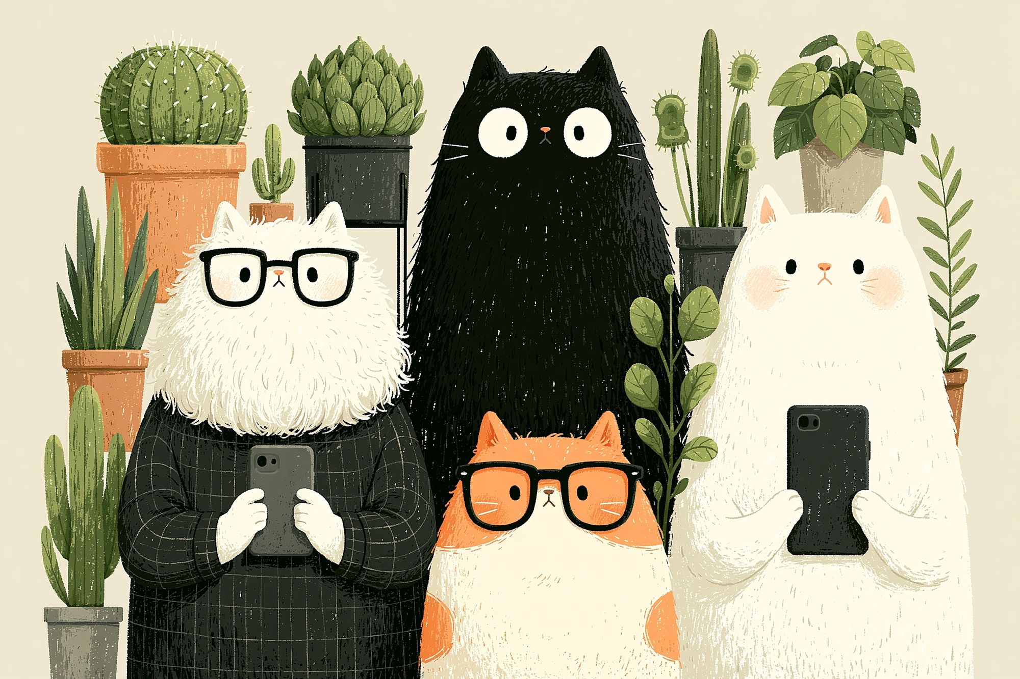 Cat Plant Selfie Illustration Poster. poster — illustration art