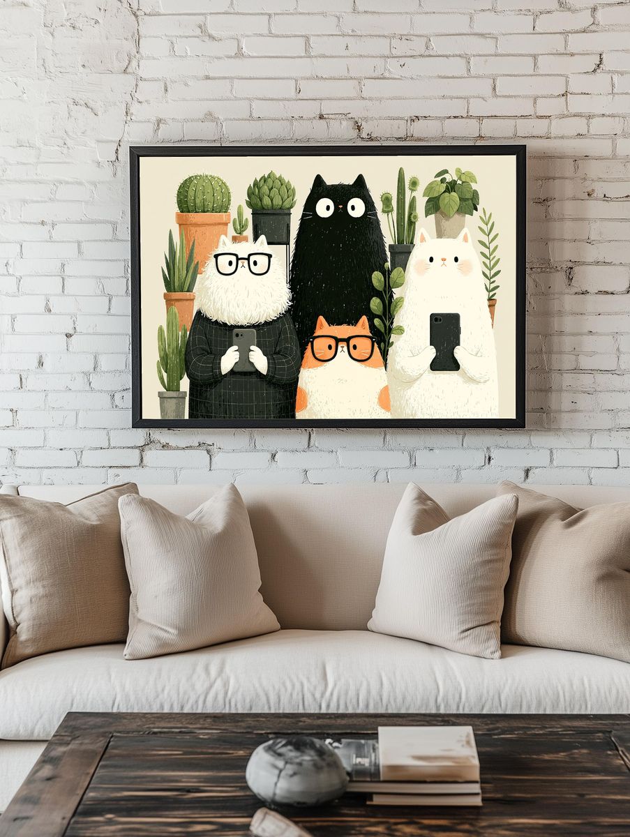 Cat Plant Selfie Illustration Poster. room preview