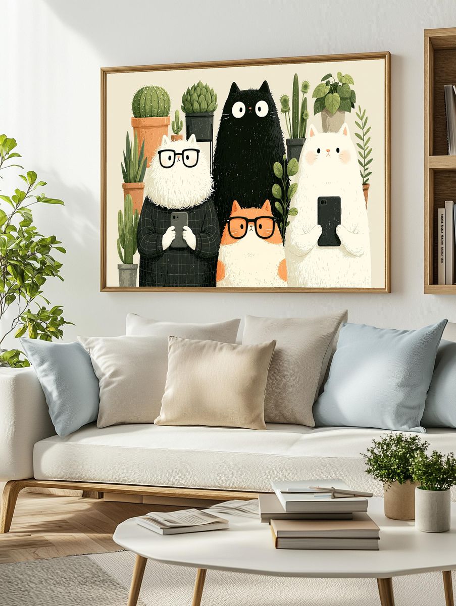 Cat Plant Selfie Illustration Poster. — room view 2