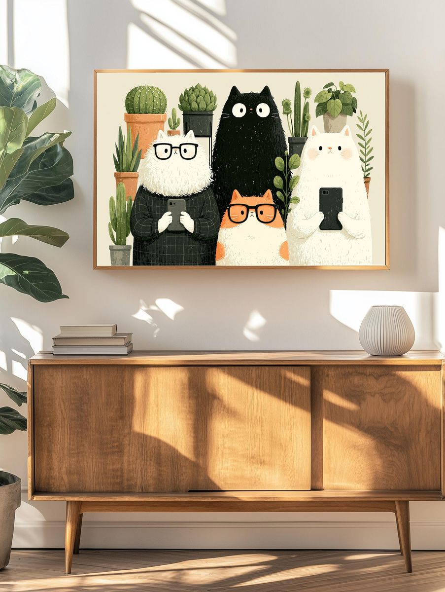 Cat Plant Selfie Illustration Poster. — room view 3