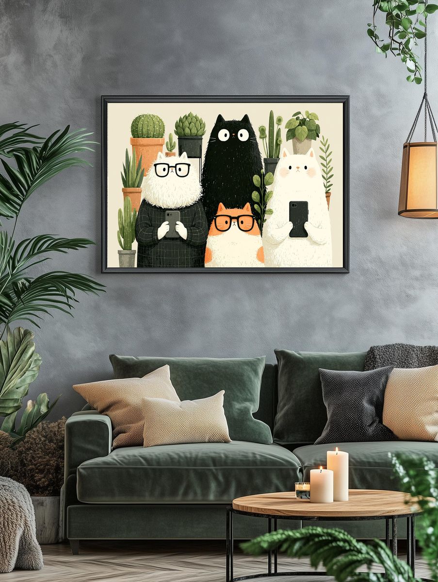 Cat Plant Selfie Illustration Poster. — room view 4