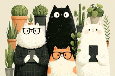Cat Plant Selfie Illustration Poster.