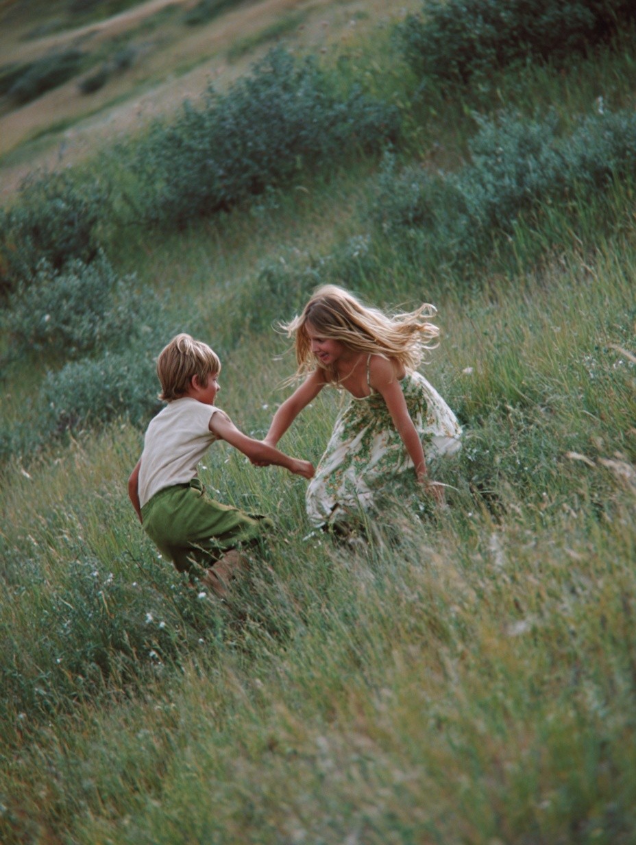 Children Playing in Meadow — Photography Print. poster detail