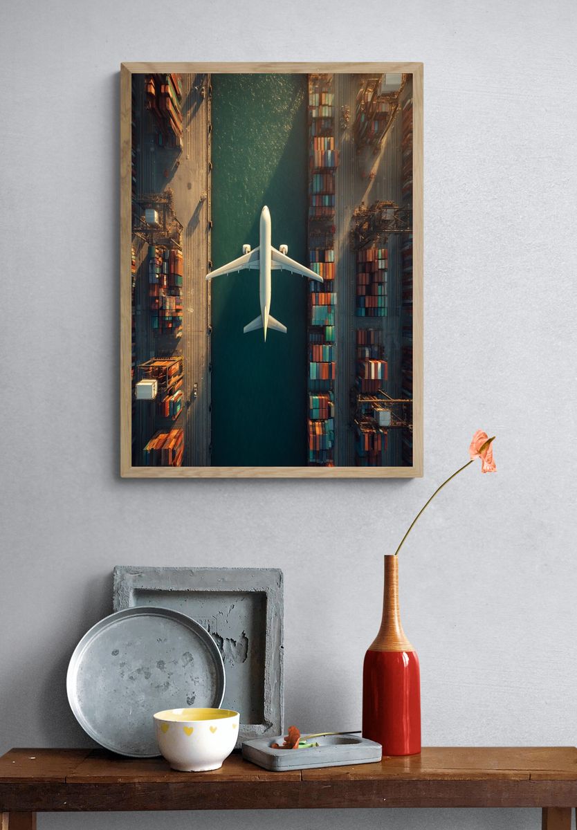 Cargo Plane Over Port Poster. — room view 3