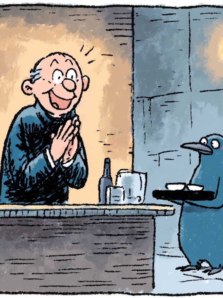 Happy Bartender and Penguin — Cartoon Print. poster — illustration art