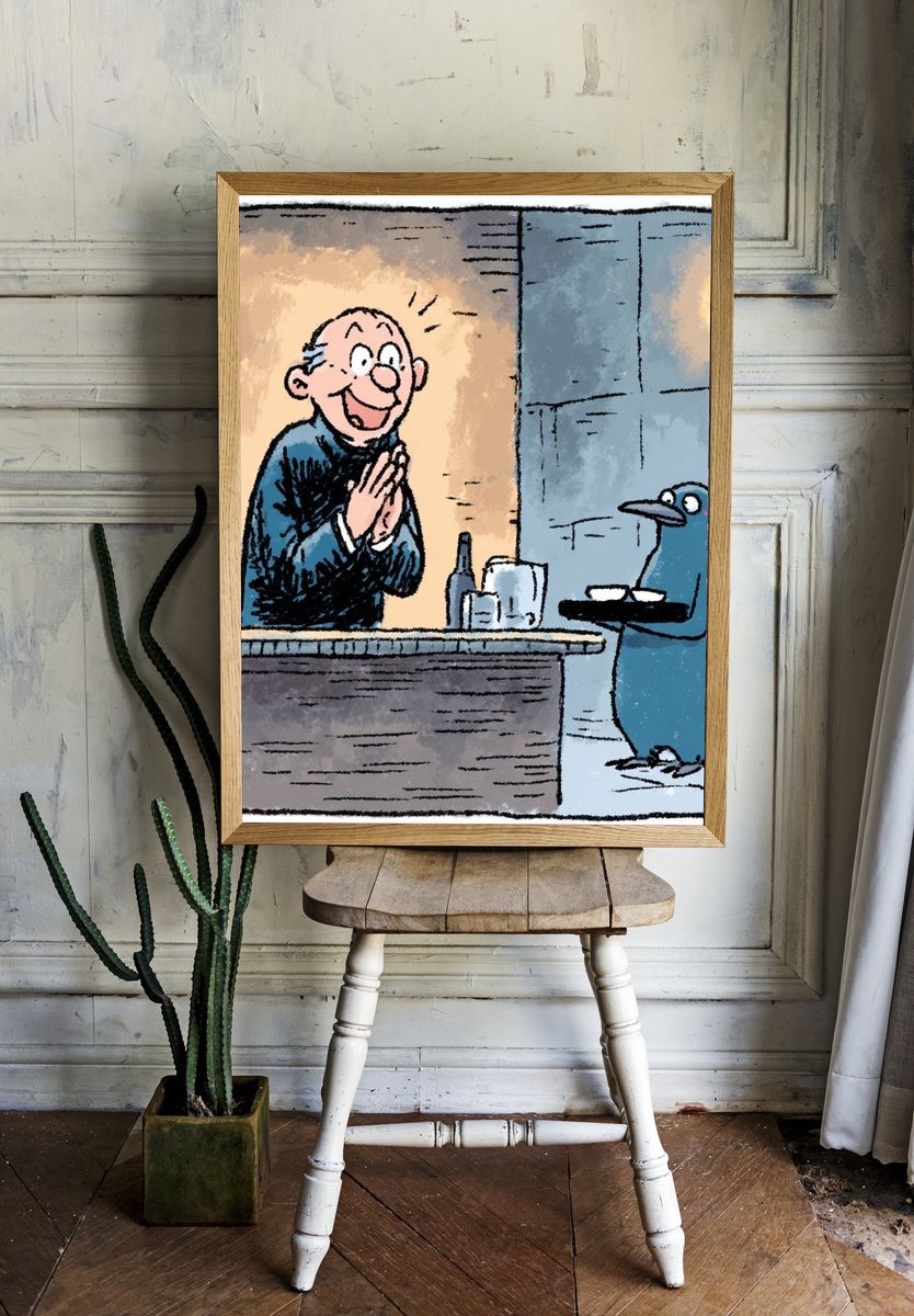 Happy Bartender and Penguin — Cartoon Print. — room view 1