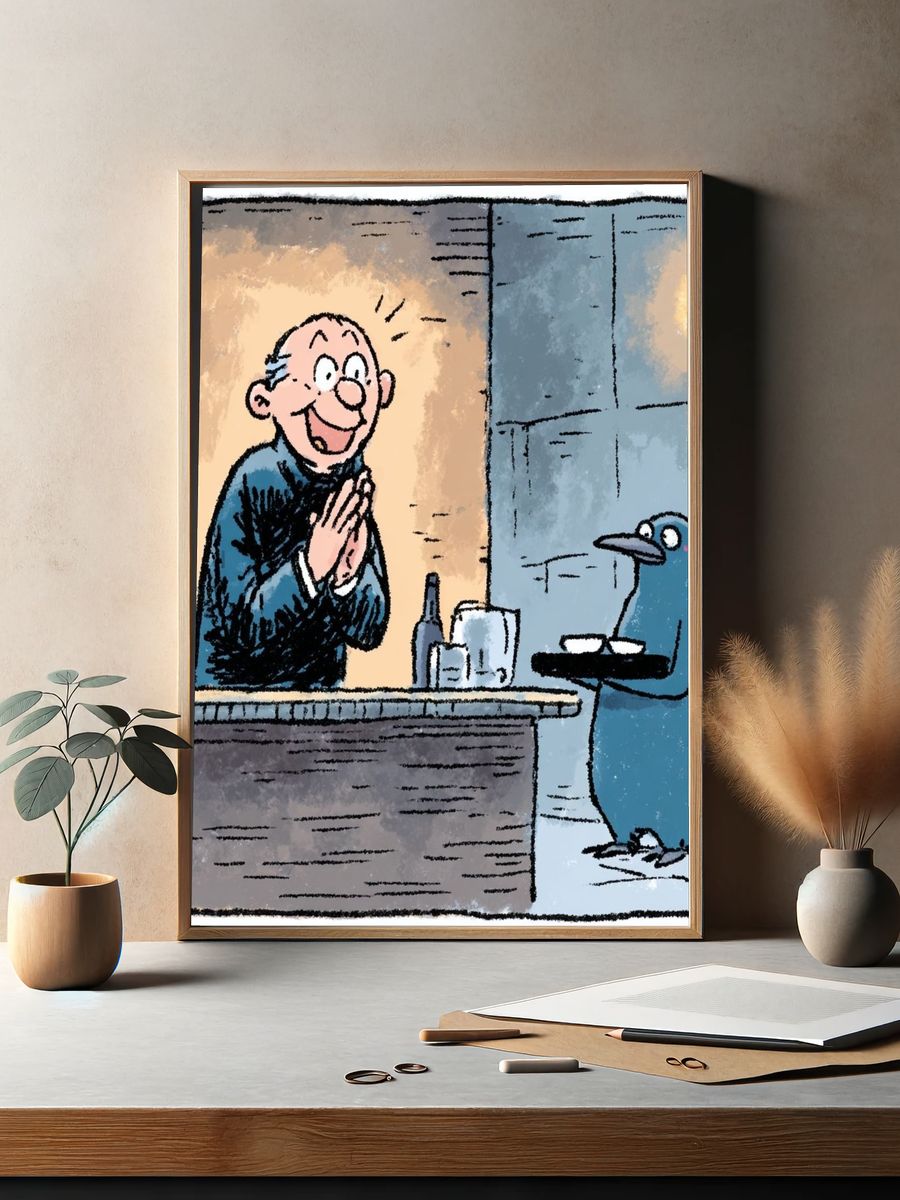 Happy Bartender and Penguin — Cartoon Print. — room view 2