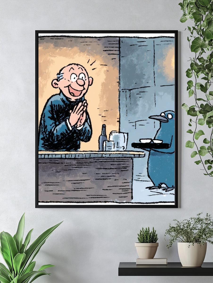 Happy Bartender and Penguin — Cartoon Print. — room view 4