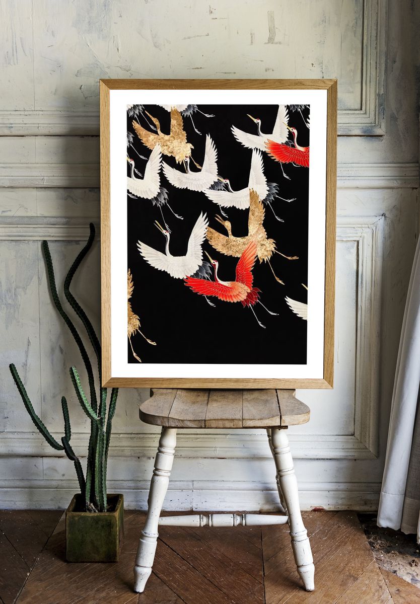 Japanese flying cranes vintage illustration. — room view 1