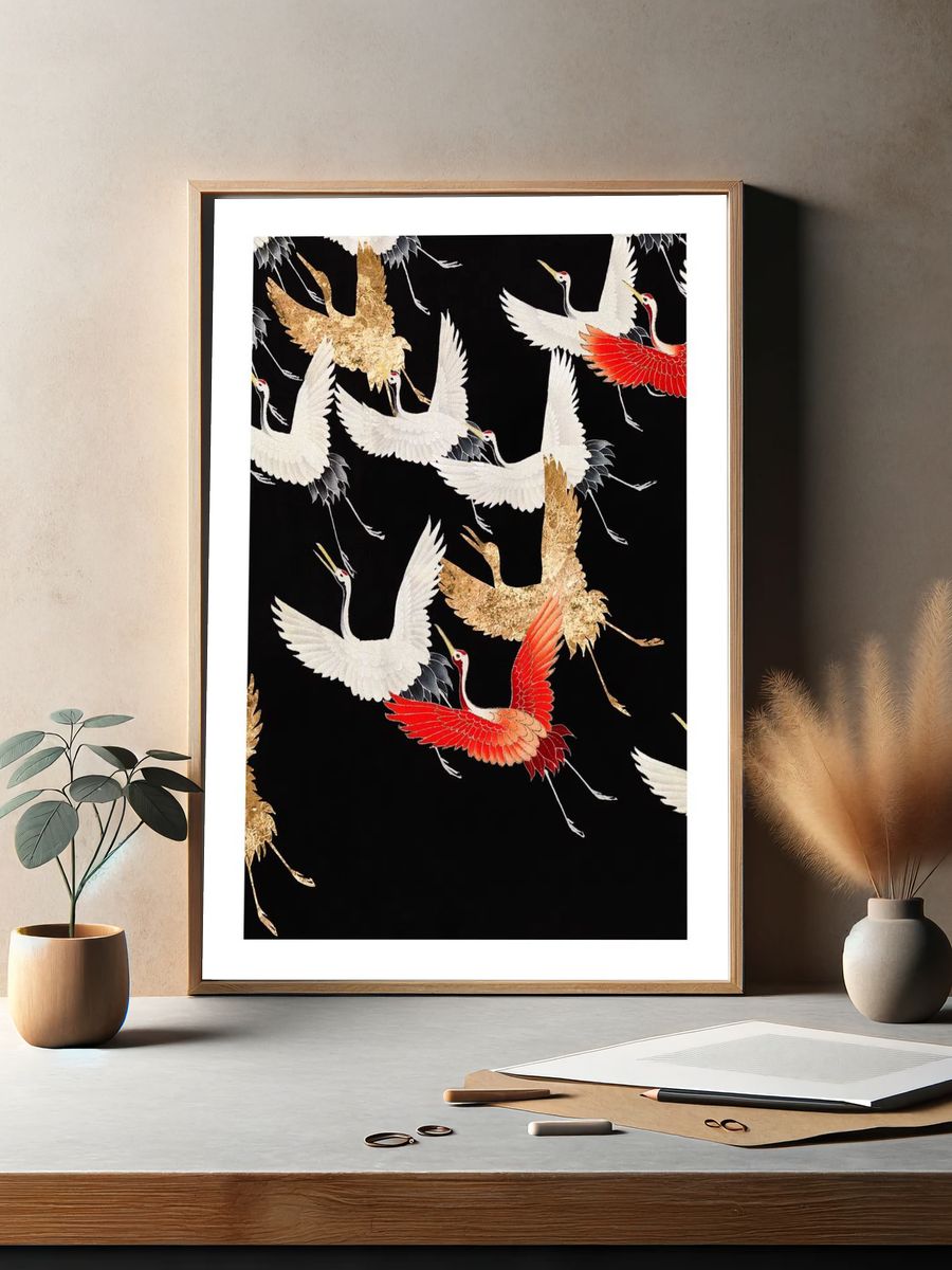 Japanese flying cranes vintage illustration. — room view 2