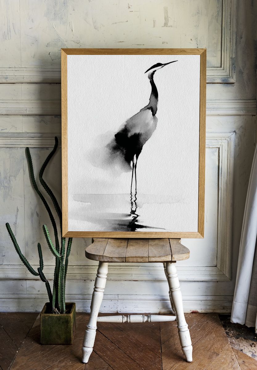 Crane Watercolor Print. — room view 1