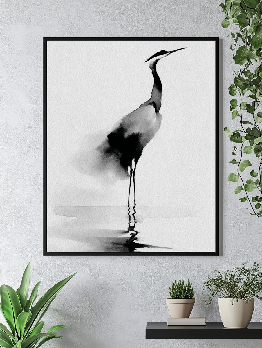 Crane Watercolor Print. — room view 4