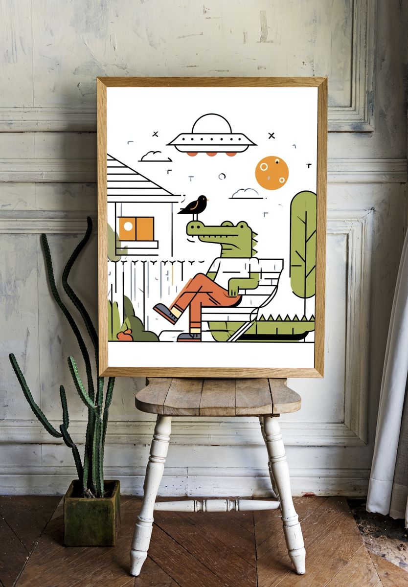 Crocodile in Garden Illustration Poster. — room view 1