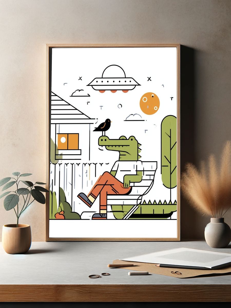 Crocodile in Garden Illustration Poster. — room view 2