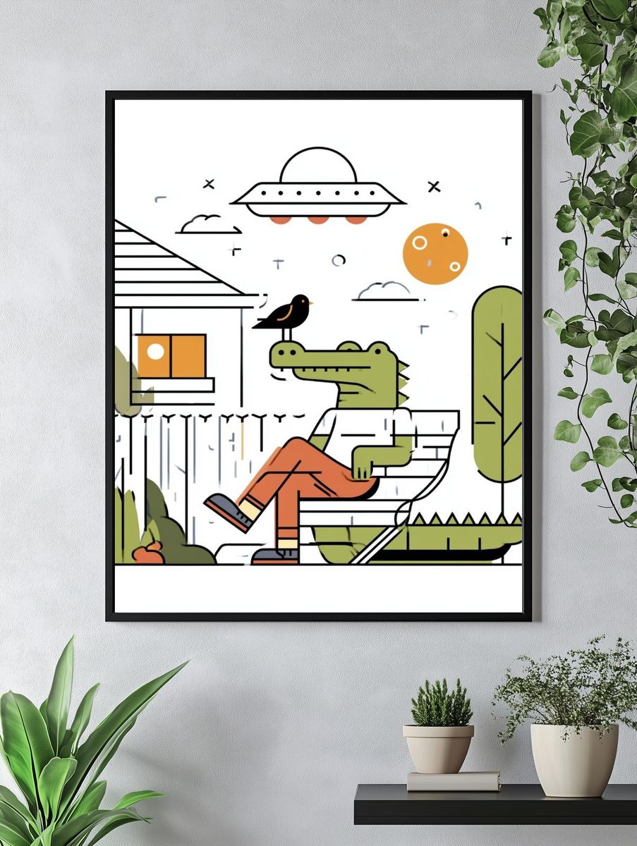 Crocodile in Garden Illustration Poster. — room view 4