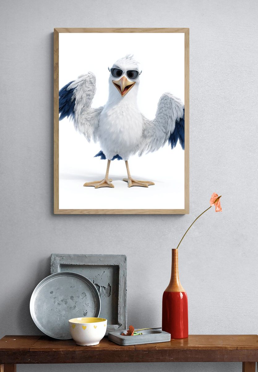 Cool Seagull — Cartoon Print. — room view 3