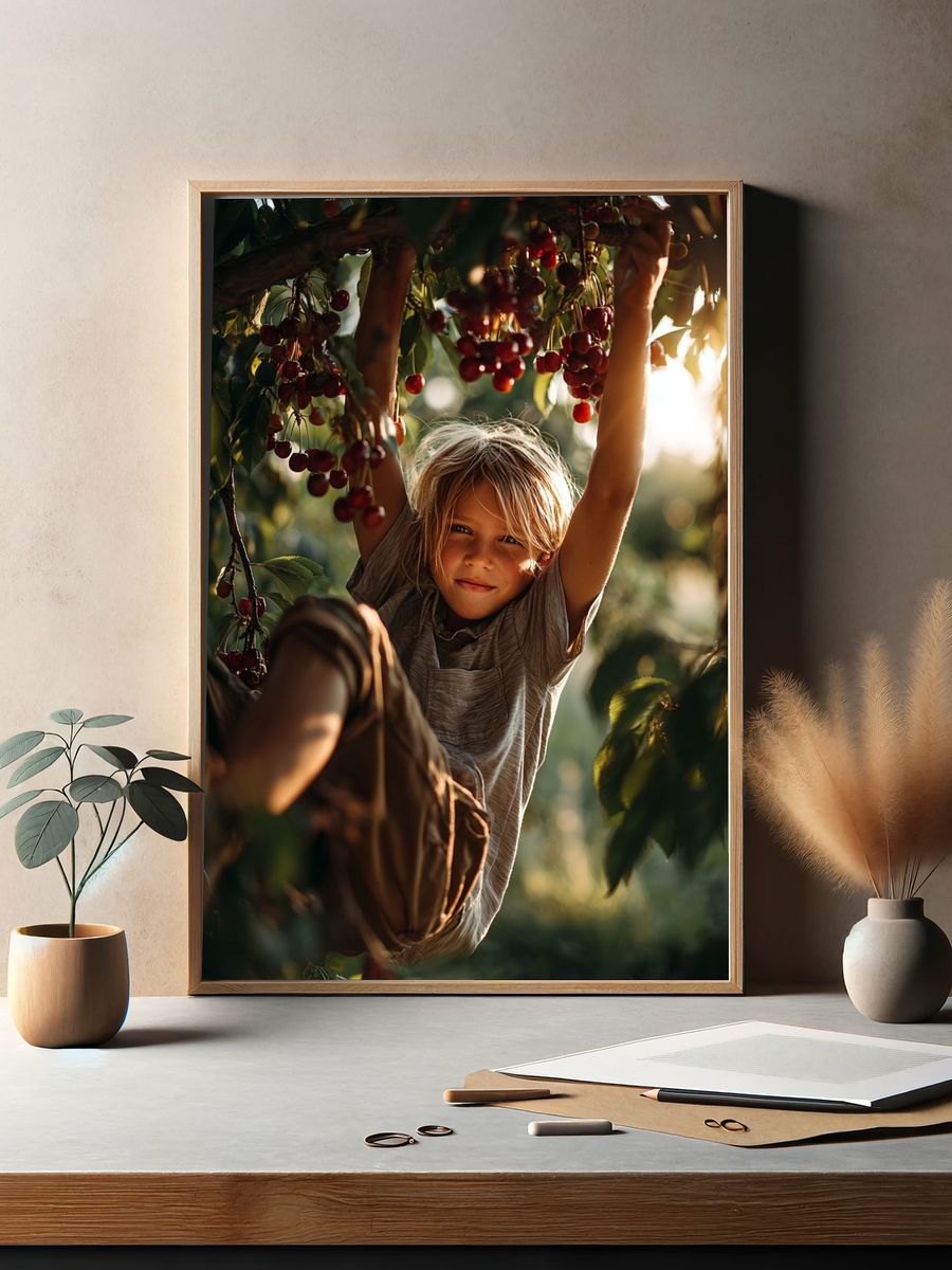 Child in Cherry Tree — Photography Print. — room view 2