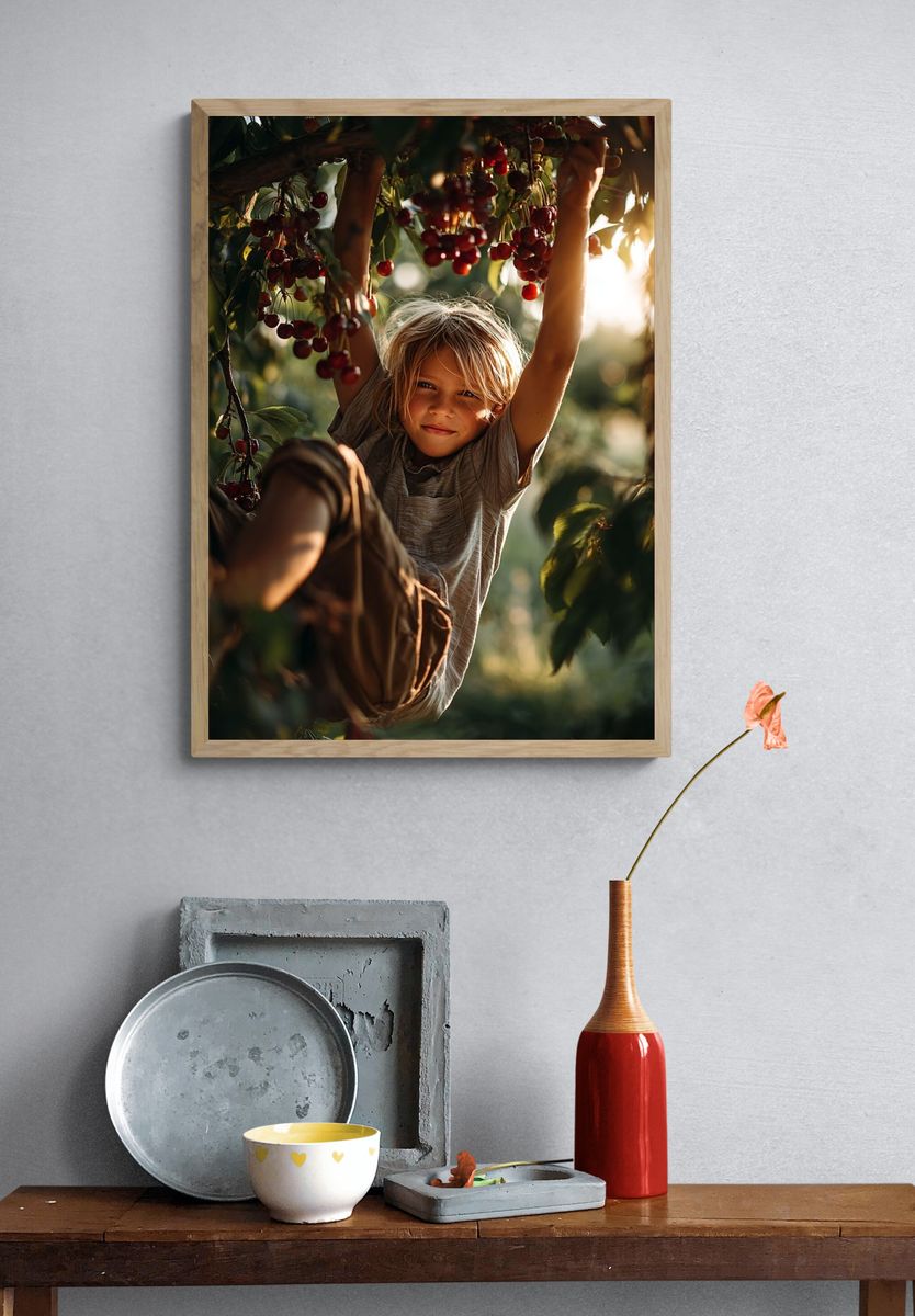 Child in Cherry Tree — Photography Print. — room view 3