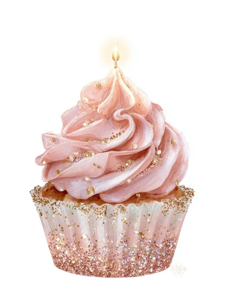 Pink Cupcake with Candle — Illustration Print. poster — illustration art