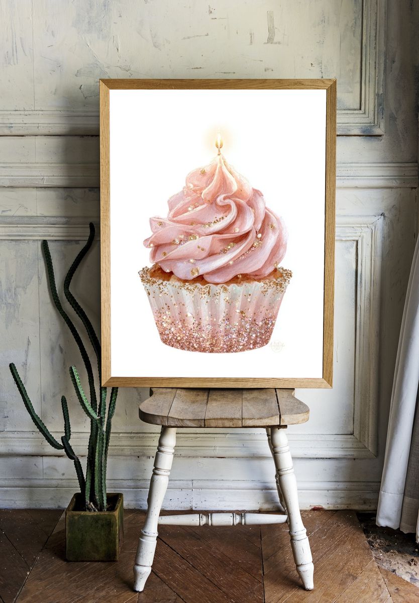 Pink Cupcake with Candle — Illustration Print. — room view 1