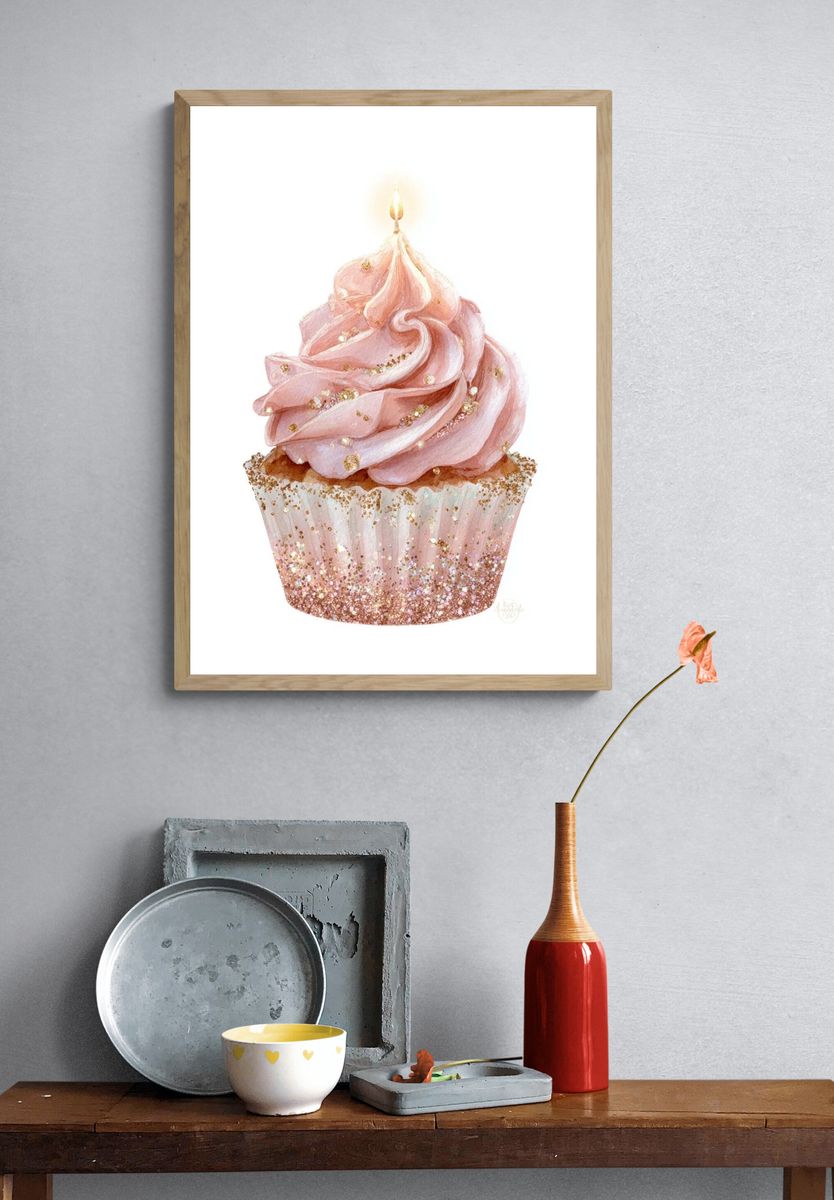 Pink Cupcake with Candle — Illustration Print. — room view 3