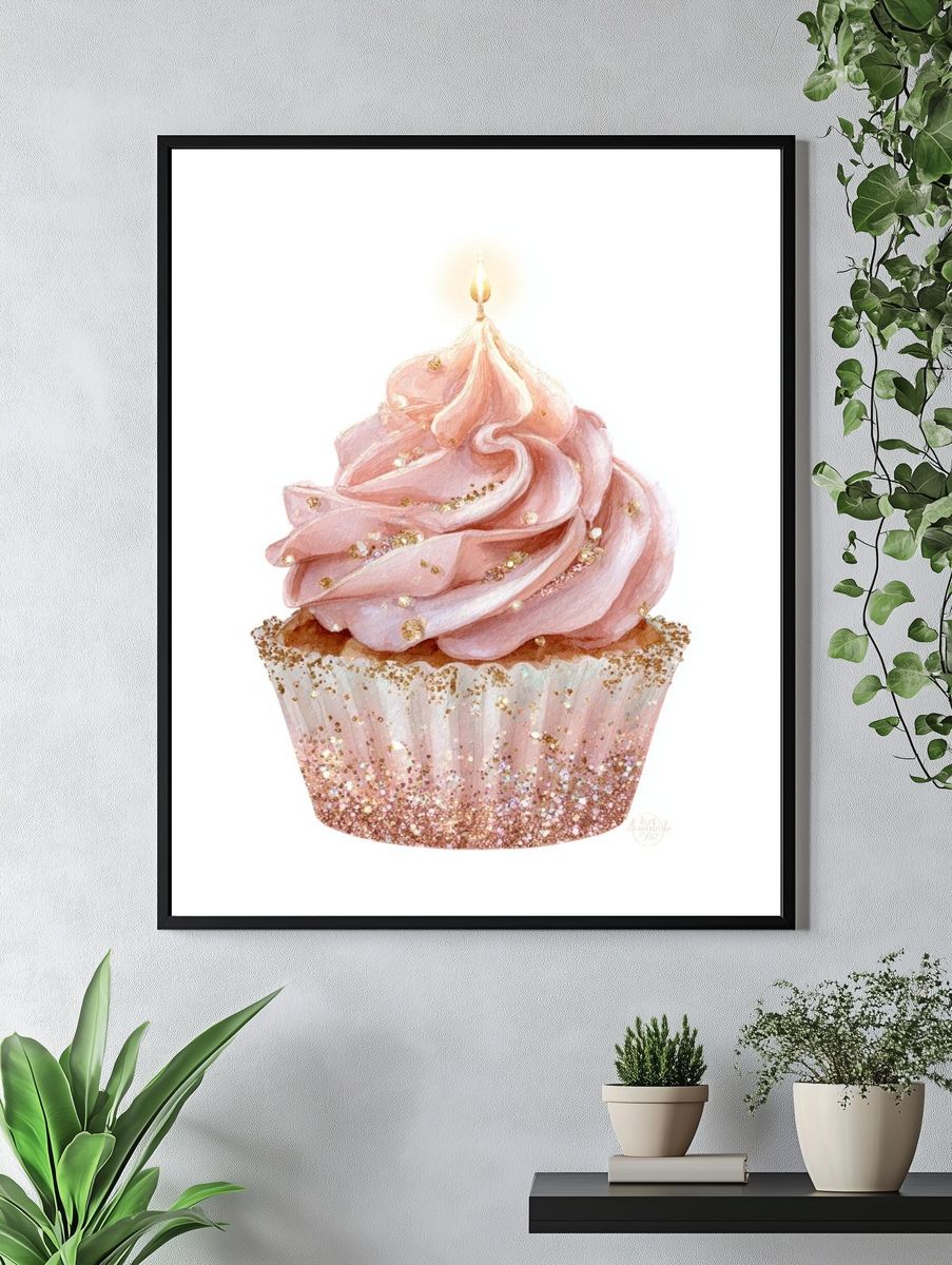 Pink Cupcake with Candle — Illustration Print. — room view 4
