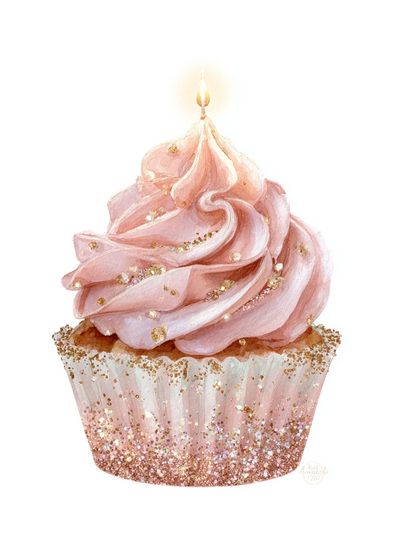 Pink Cupcake with Candle — Illustration Print. poster