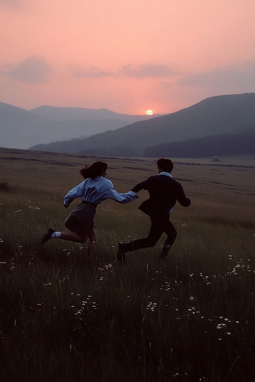 Couple Running at Sunset — Photography Print. poster — photography art
