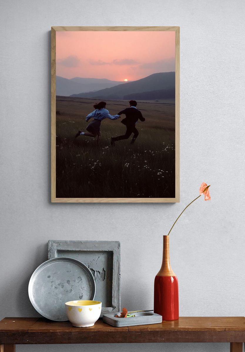 Couple Running at Sunset — Photography Print. — room view 3