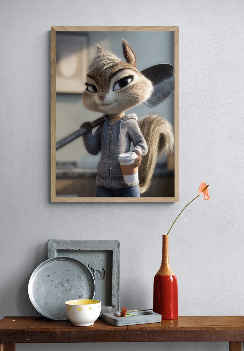 Sassy Chipmunk with Coffee — Digital Art Print. — room view 3
