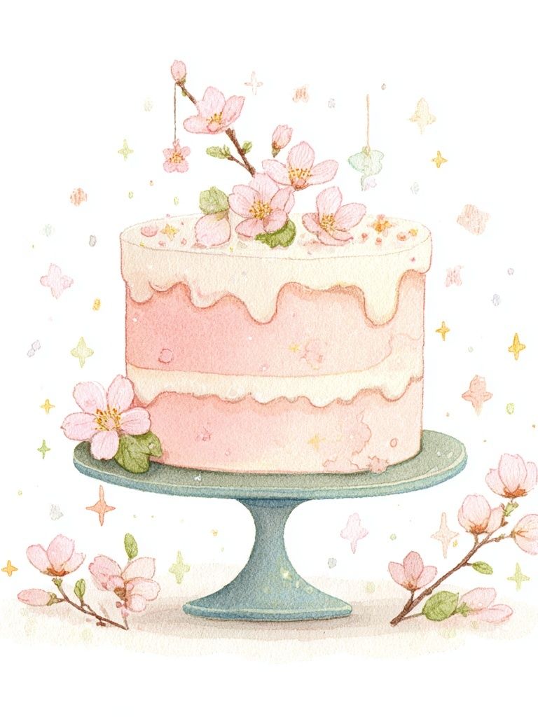 Pink Cake with Blossoms — Watercolor Print. poster detail