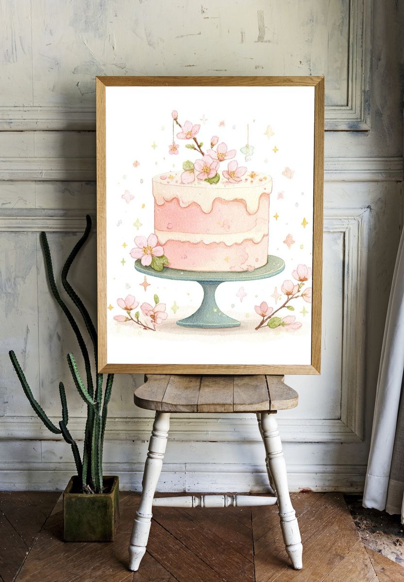 Pink Cake with Blossoms — Watercolor Print. — room view 1