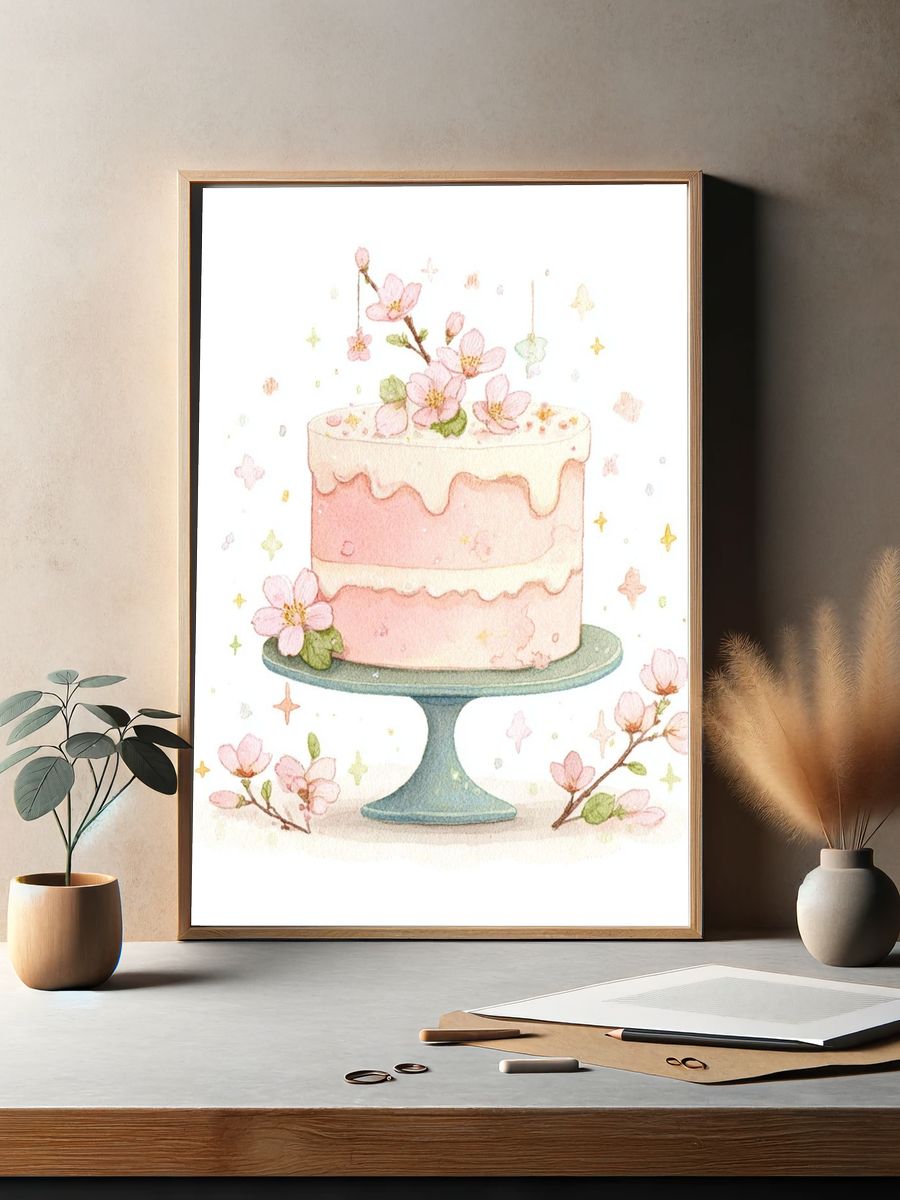 Pink Cake with Blossoms — Watercolor Print. — room view 2