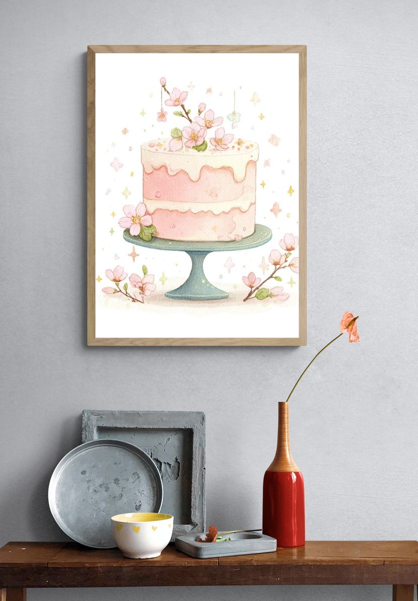 Pink Cake with Blossoms — Watercolor Print. — room view 3
