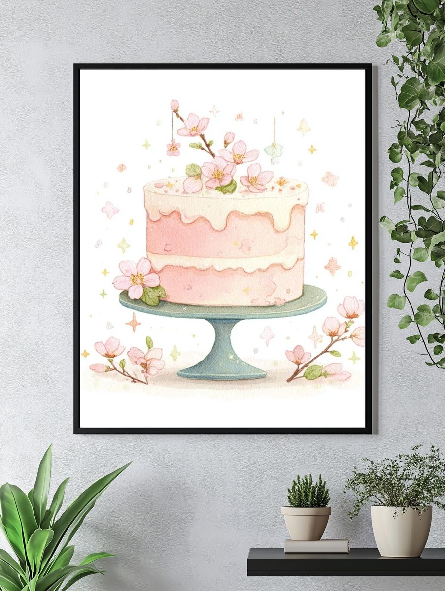 Pink Cake with Blossoms — Watercolor Print. — room view 4
