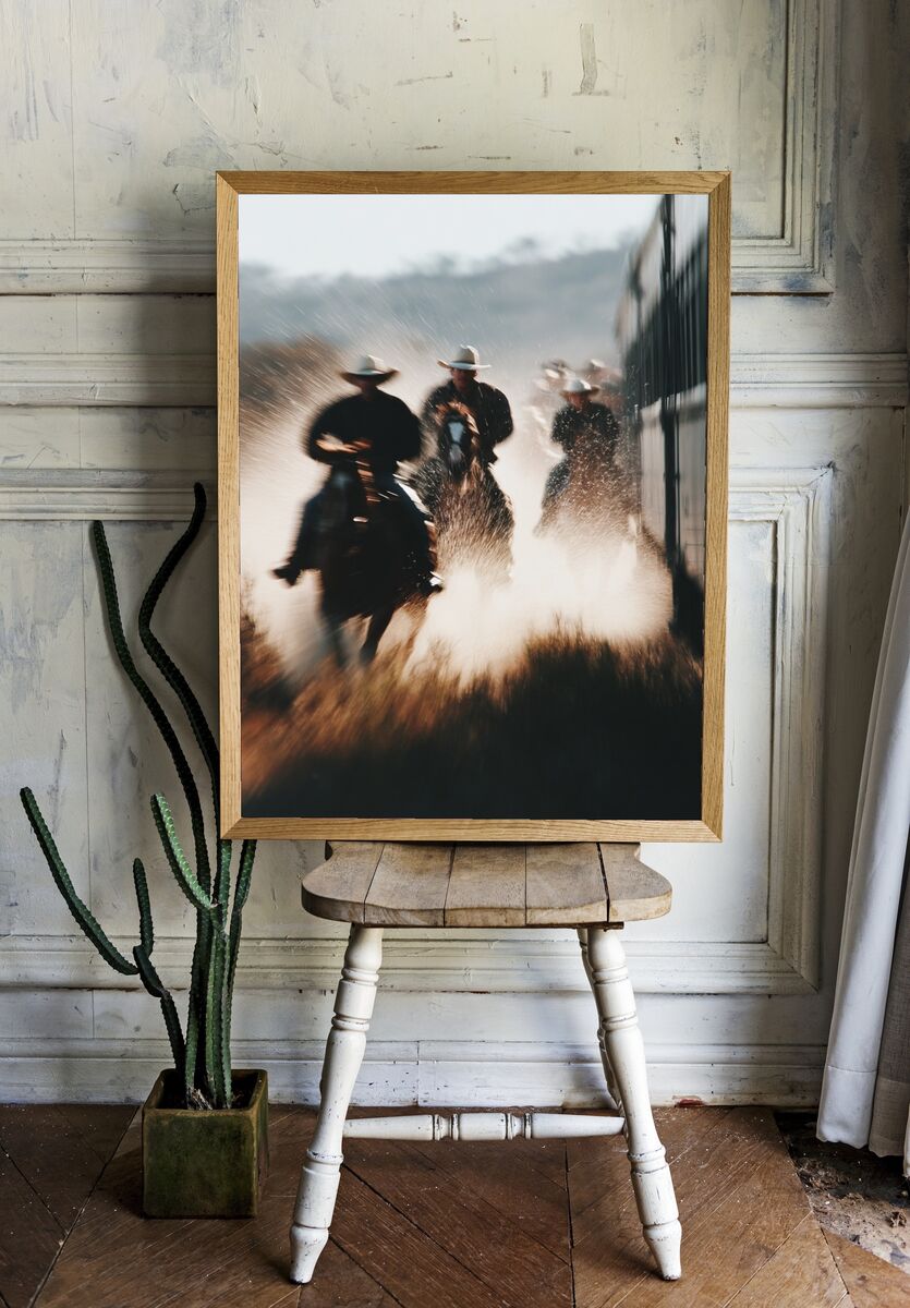 Cowboys Riding Through Dust — Photography Print. — room view 1