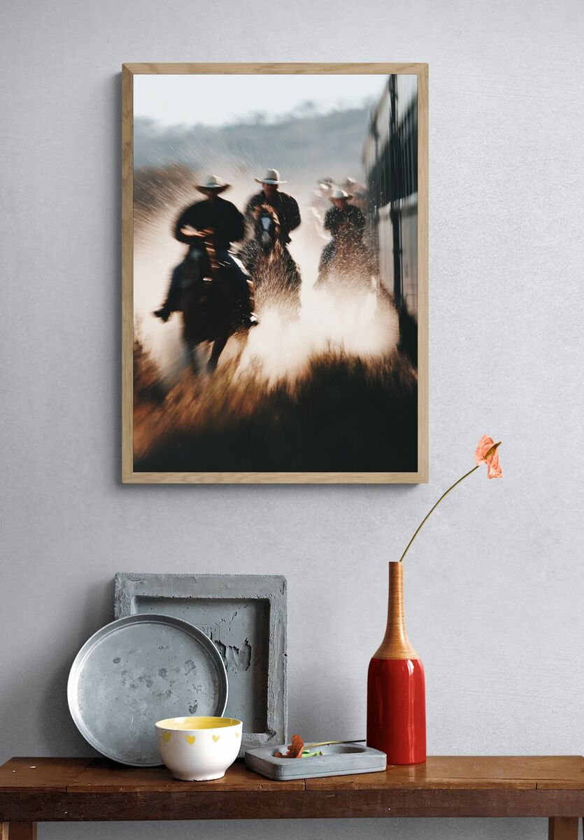 Cowboys Riding Through Dust — Photography Print. — room view 3