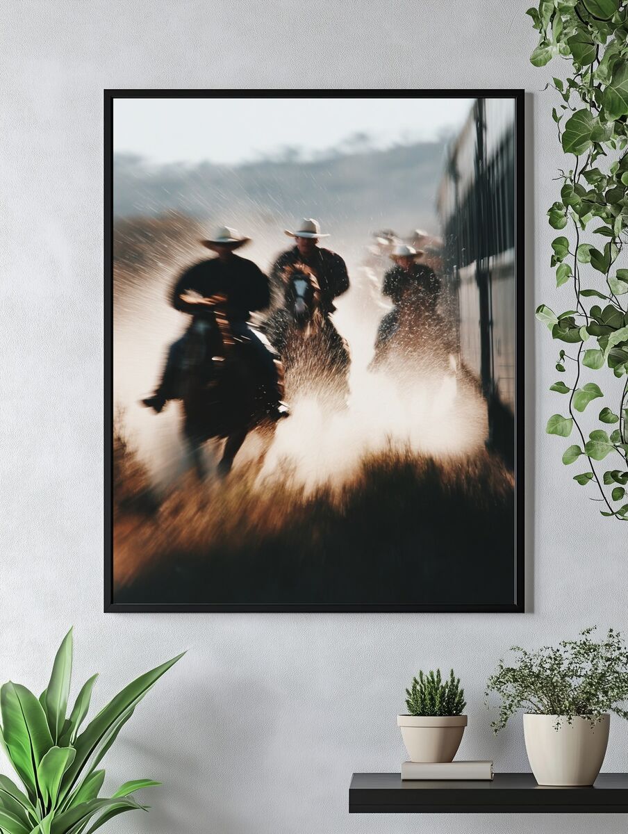 Cowboys Riding Through Dust — Photography Print. — room view 4