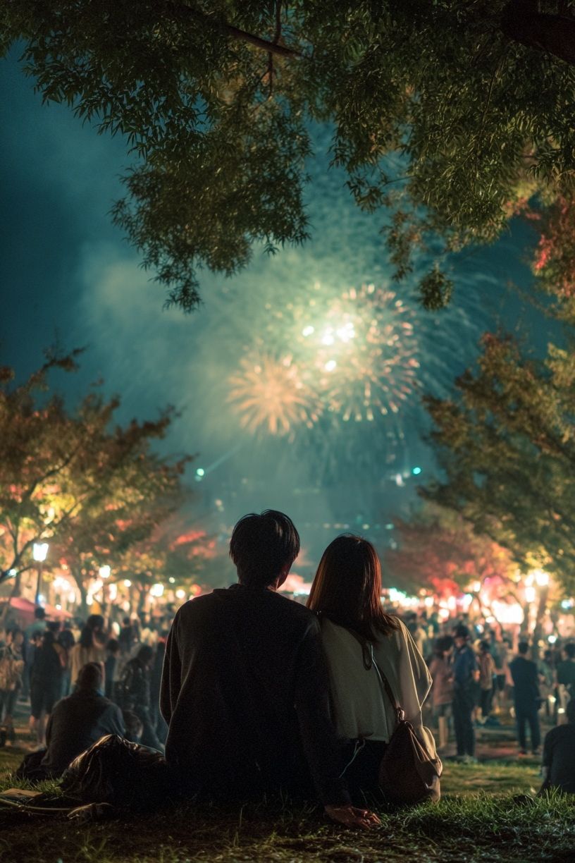 Couple Watching Fireworks — Photography Print. poster detail
