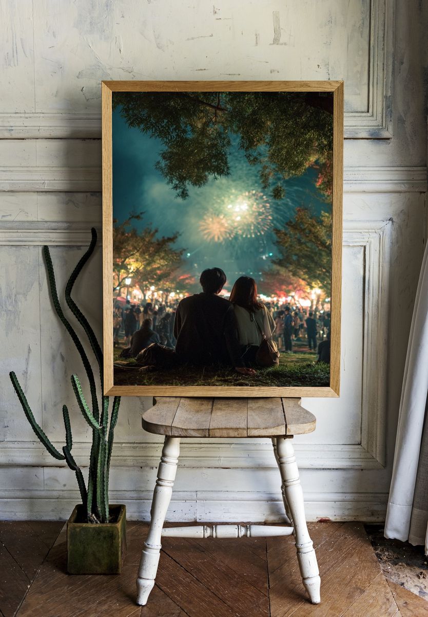 Couple Watching Fireworks — Photography Print. — room view 1