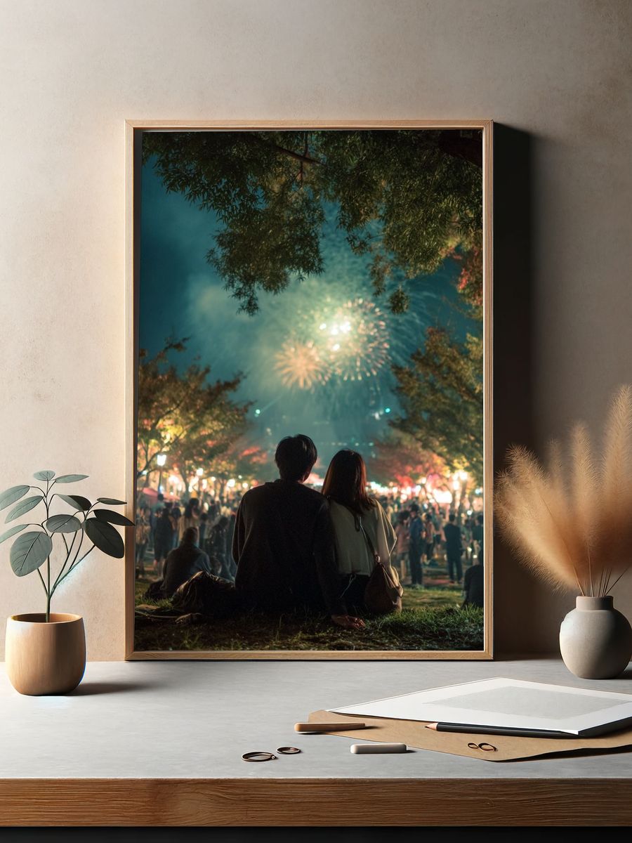 Couple Watching Fireworks — Photography Print. — room view 2