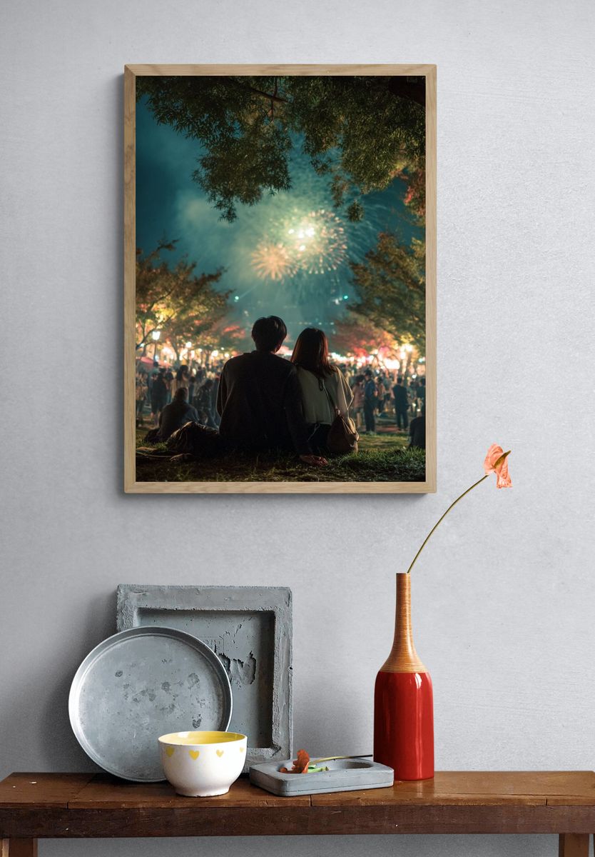 Couple Watching Fireworks — Photography Print. — room view 3