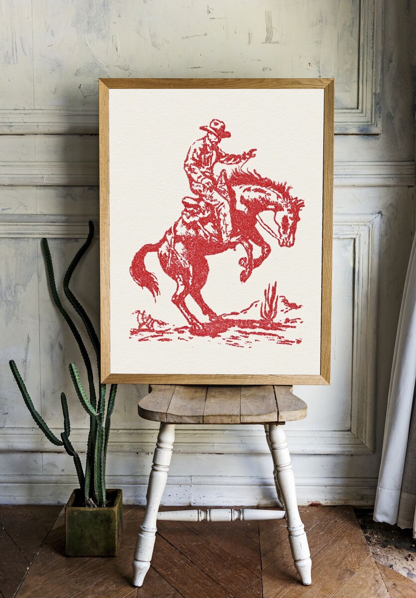 Cowboy Riding Horse — Vintage Print room preview