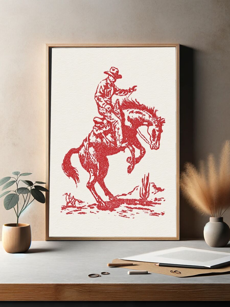 Cowboy Riding Horse — Vintage Print. — room view 2
